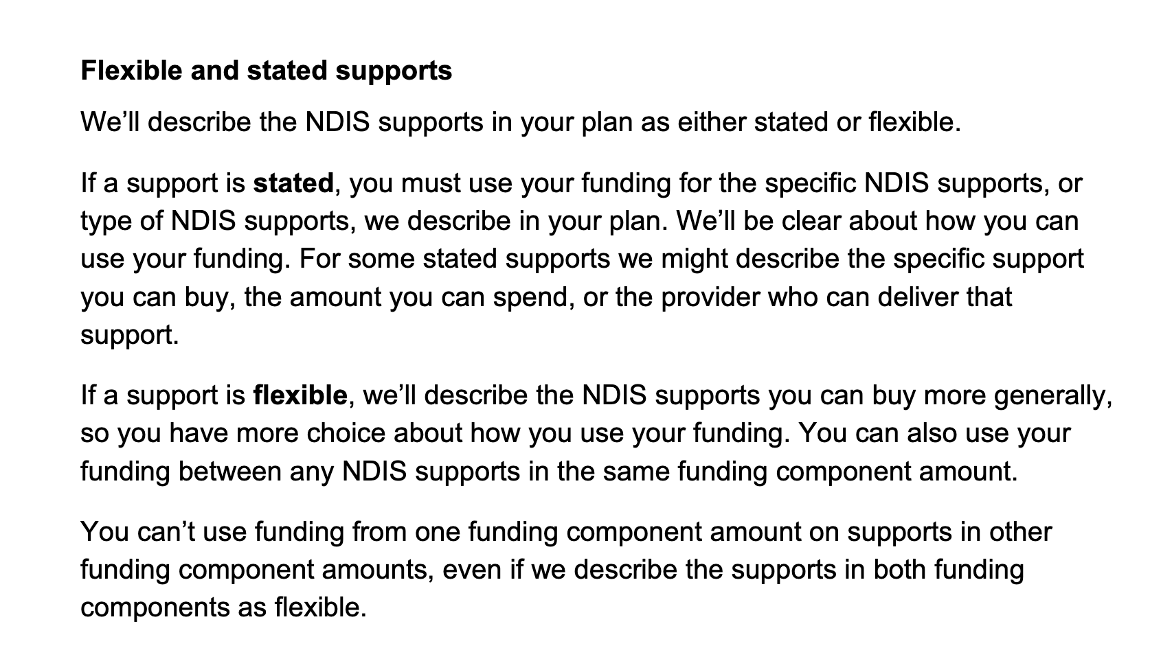 Screen shot from the NDIS fact sheet, which says ‘For some stated supports we might decribe the specific support you can buy, the amount you can spend, or the provider who can deliver that support.