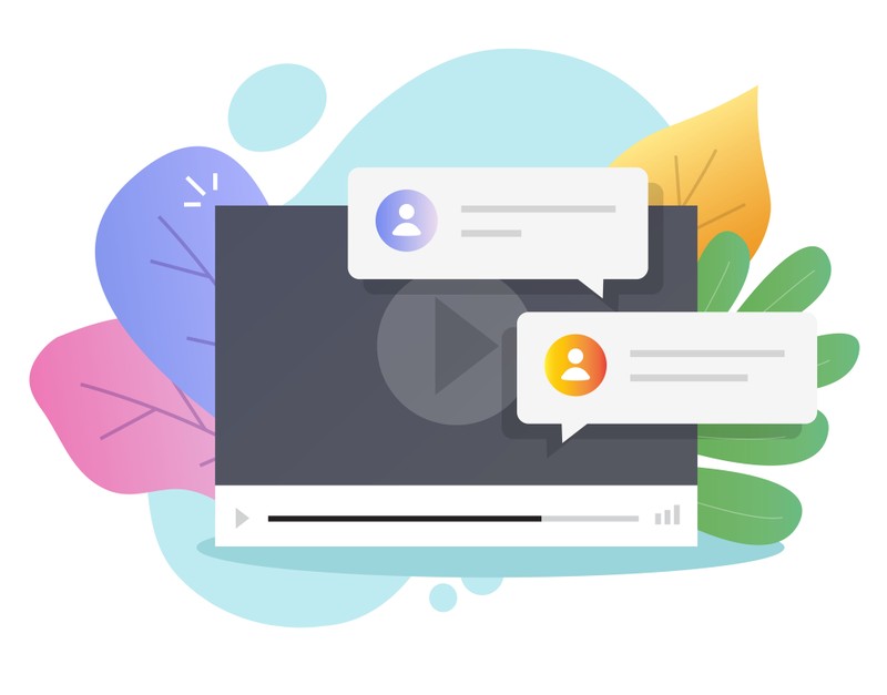 Illustration of an online video player with chat bubbles and colourful abstract leaves in the background
