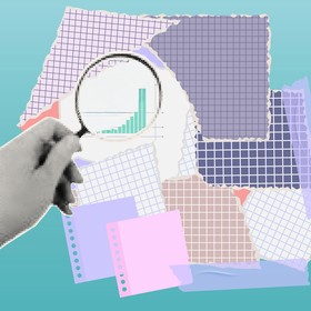 Collage of torn graph paper sheets with a hand holding a magnifying glass focusing on a rising bar chart