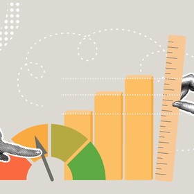 Illustration of hands measuring performance using a gauge, bar chart, and ruler