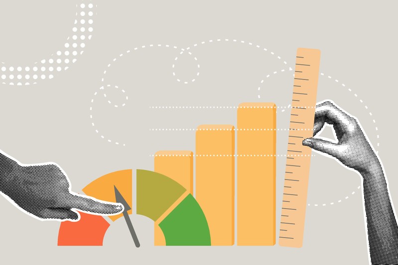 Illustration of hands measuring performance using a gauge, bar chart, and ruler