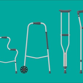Illustration of mobility aids including a quad cane, walking frame and crutches on a teal background