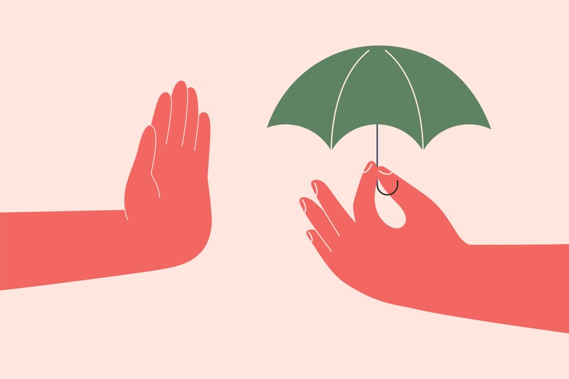 Illustration of one hand offering protection with an umbrella while another hand gestures to stop