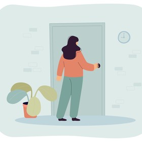 Illustration of a person about to open a door next to a pot plant