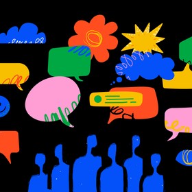 Colorful abstract illustration of people silhouettes with various speech bubbles, shapes, and icons above them