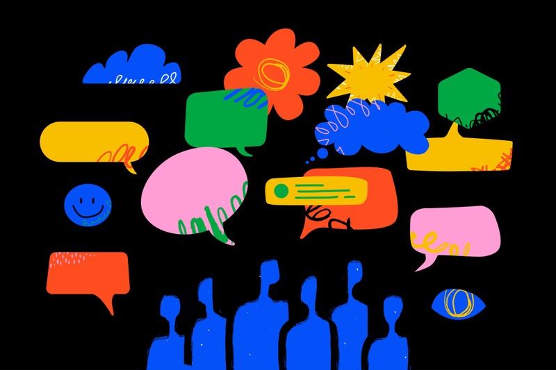Colorful abstract illustration of people silhouettes with various speech bubbles, shapes, and icons above them