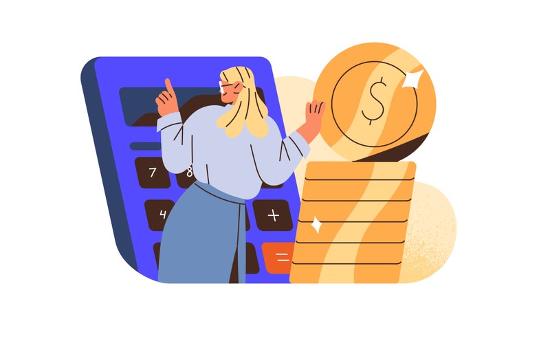 Illustration of a woman standing beside a large calculator and stacked gold coins