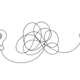 Illustration of a tangled line starting at a question mark and ending at an exclamation mark