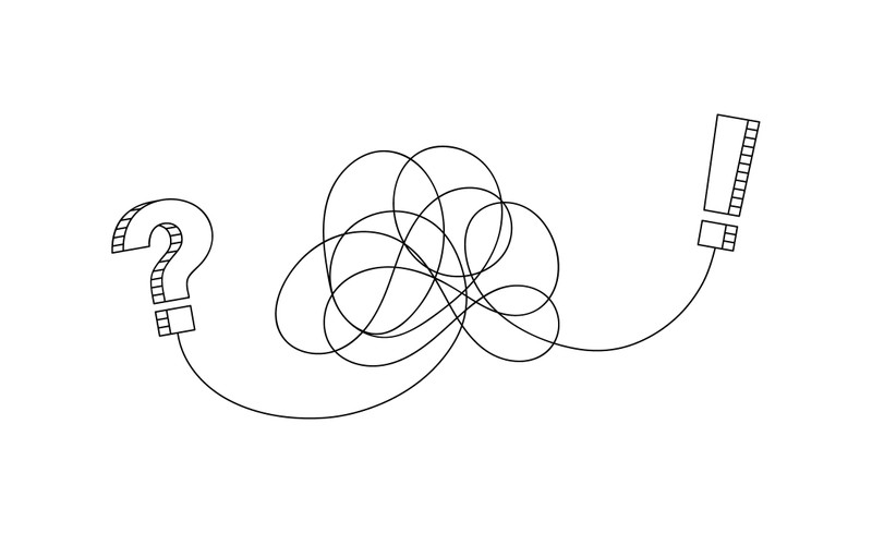 Illustration of a tangled line starting at a question mark and ending at an exclamation mark