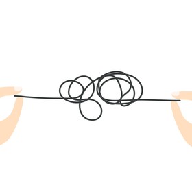 Illustration of two hands holding a tangled line between them