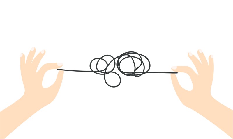 Illustration of two hands holding a tangled line between them