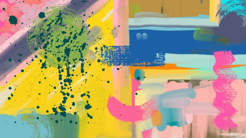 Abstract colorful painting with splashes of green, pink, blue, and yellow brushstrokes overlapping in bold, textured patterns.