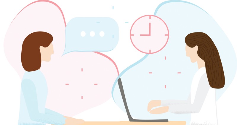 Illustration of two women having a conversation at a desk with a laptop, speech bubble, and clock
