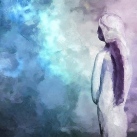 Abstract painting of a contemplative figure in soft purples and blues, standing against a dreamy, textured background of blended light and shadow.