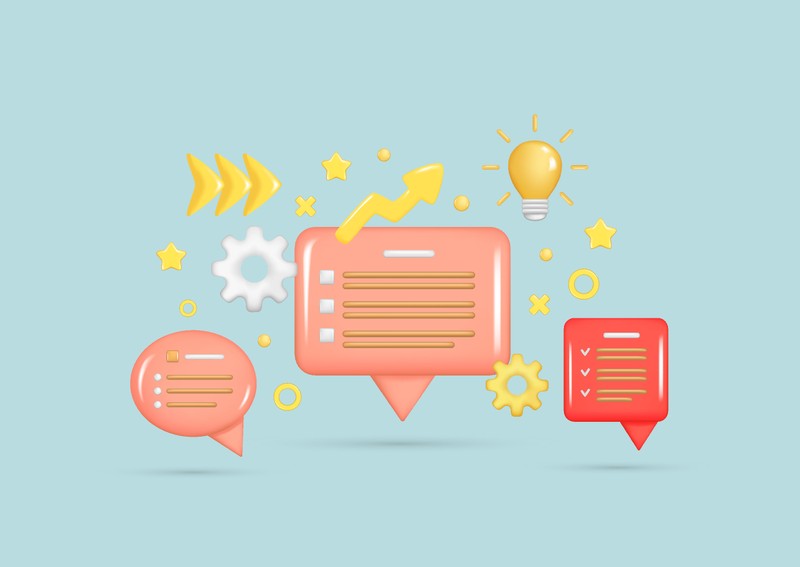 3D illustration of chat bubbles, checklists, gears, arrows, stars, and a light bulb