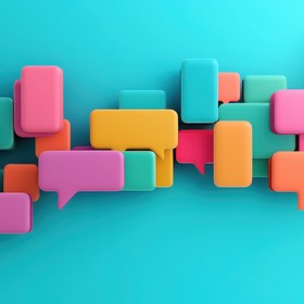 Illustration of bright colourful speech bubbles of different sizes on an aqua background