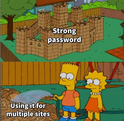 Meme with a cartoon of a castle in one frame, with the text 'Strong password.'. In the next frame is Bart and Lisa Simpson watering the destroyed castle with the text 'Using it for multiple sites.'