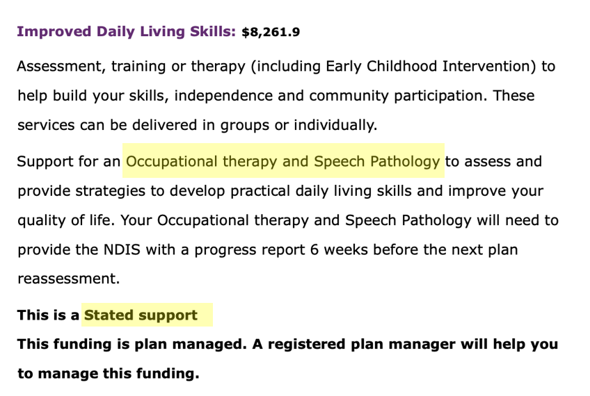 Screen shot of an Improved Daily Living Skills stated budget. The decription of the support says it is for occupational therapy and speech pathology.