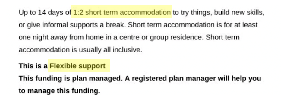 Example plan with a flexible STA budget, which describes flexible STA funding as for 1:2 short term accommodation.