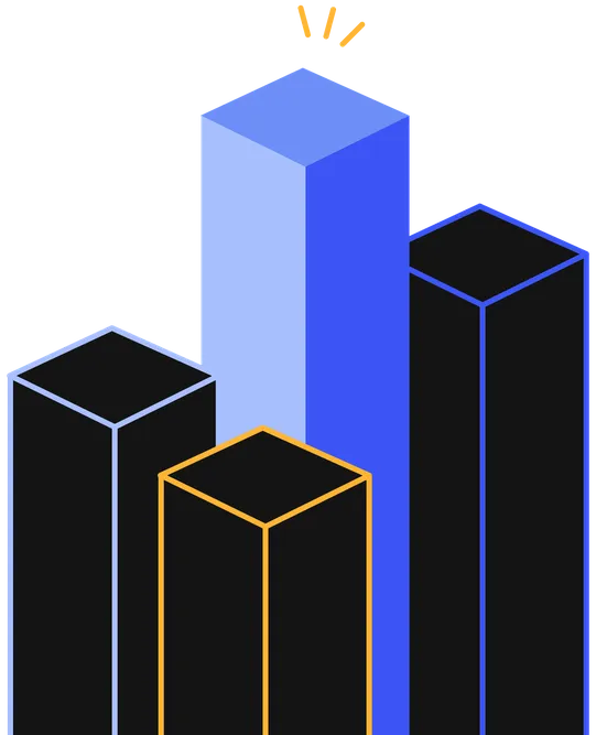 Stylized bar chart with four vertical bars in black and blue, one highlighted with orange outlines, representing data comparison.