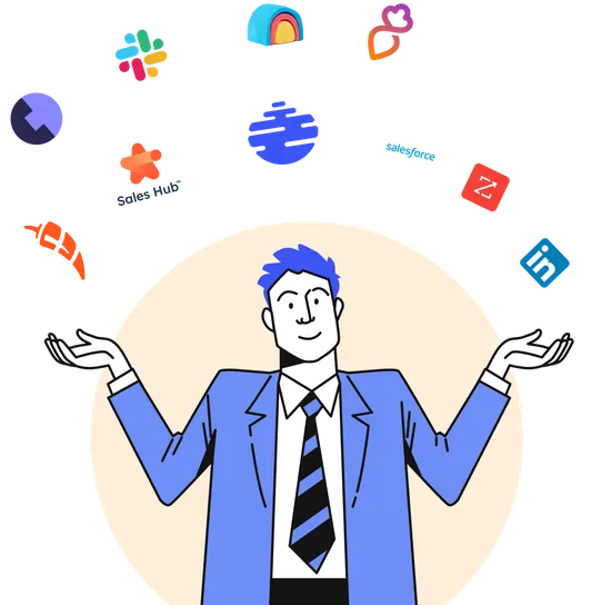 Illustration of a person in a suit juggling various app logos, including Slack, Salesforce, and LinkedIn, against a light circular background.