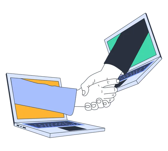 Two laptops facing each other with hands emerging from screens, shaking hands, symbolizing digital collaboration or online agreement.