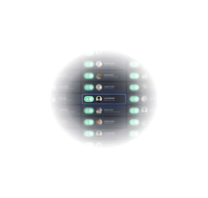 Circular close-up of a dark user-list UI showing avatar icons, green toggle switches, and one highlighted user row.