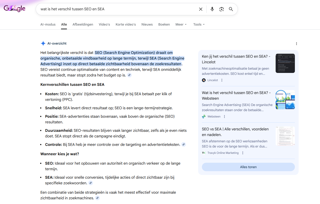 Google AI-overzicht bij zoekopdracht "wat is het verschil tussen SEO en SEA"