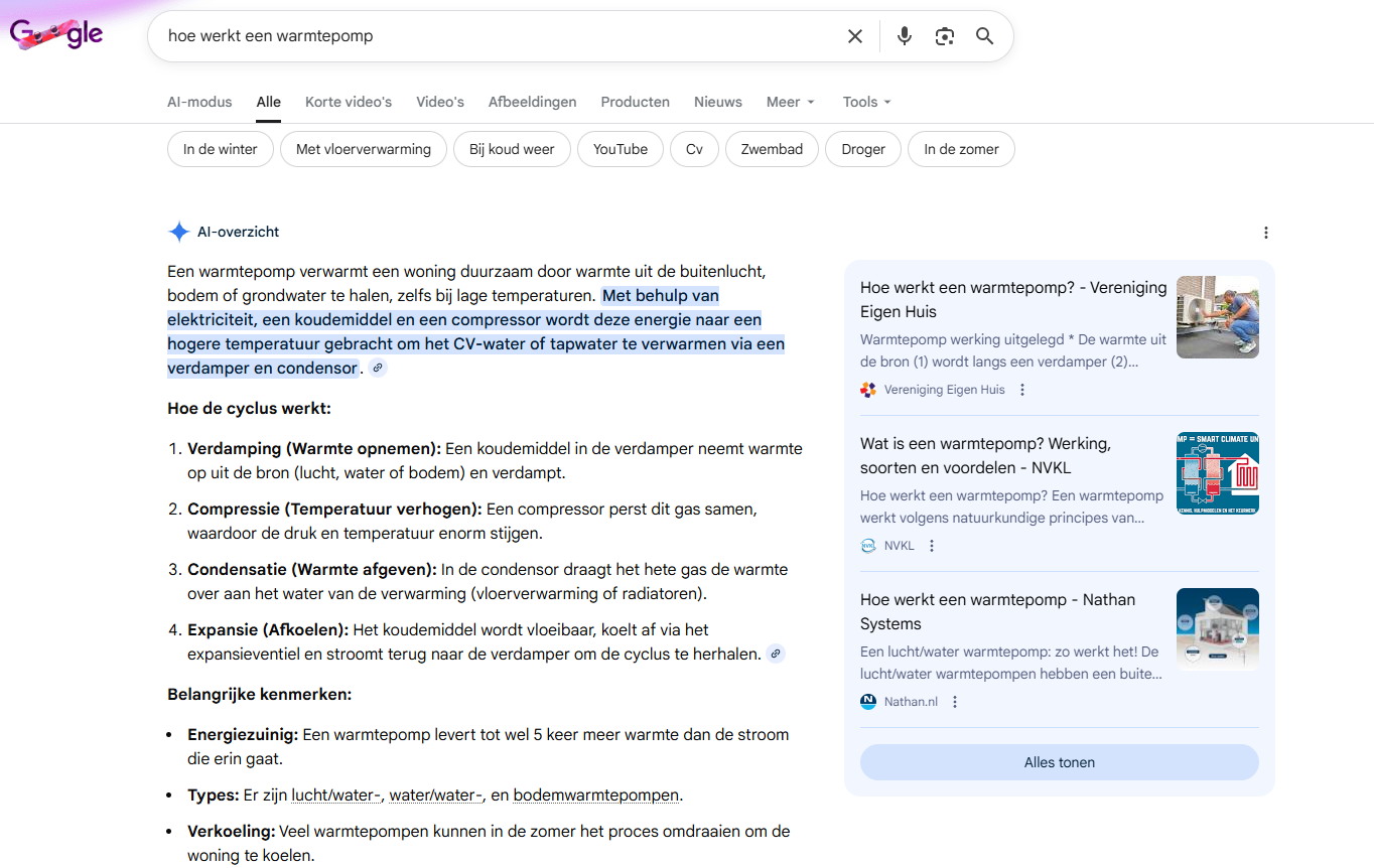 Screenshot van een Google zoekopdracht over hoe een warmptepomp werkt