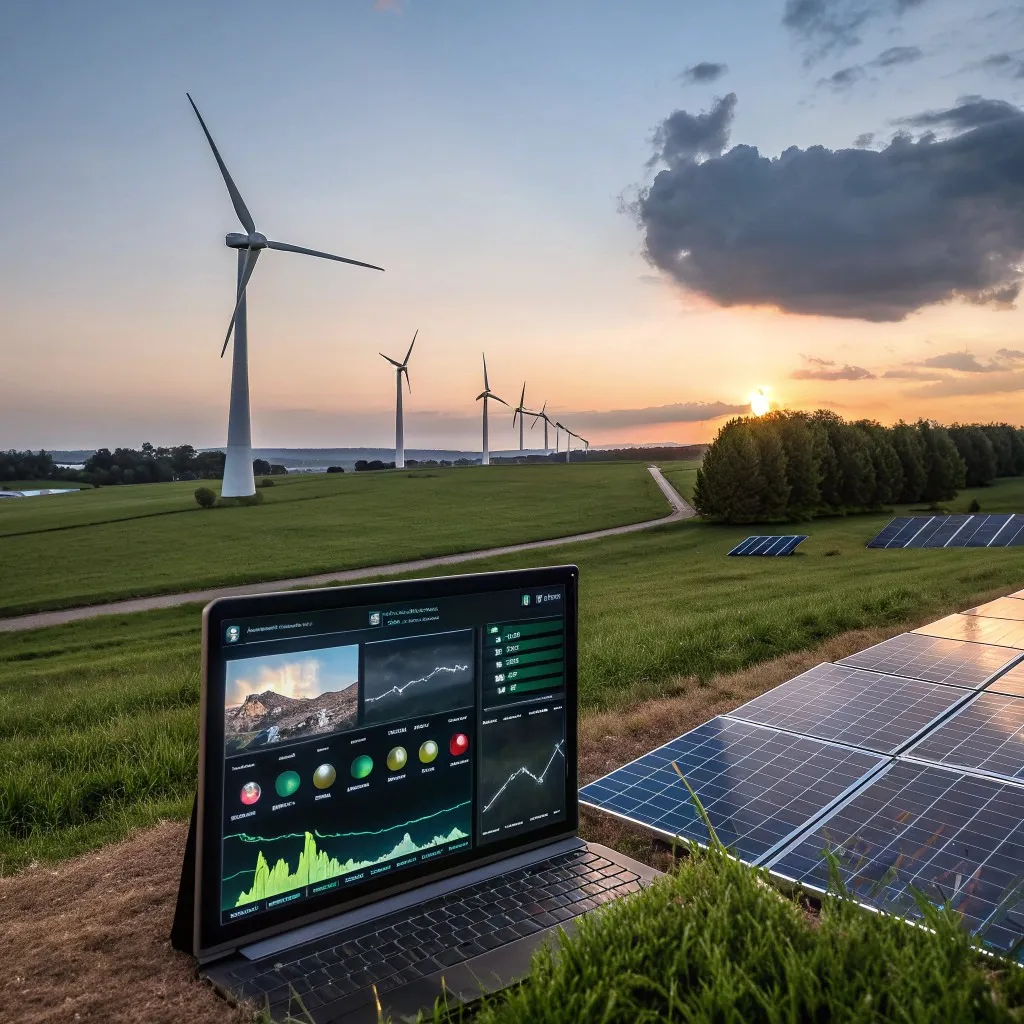Laptop scherm en op de achtergrond zijn zonpanelen en windmolens te zien
