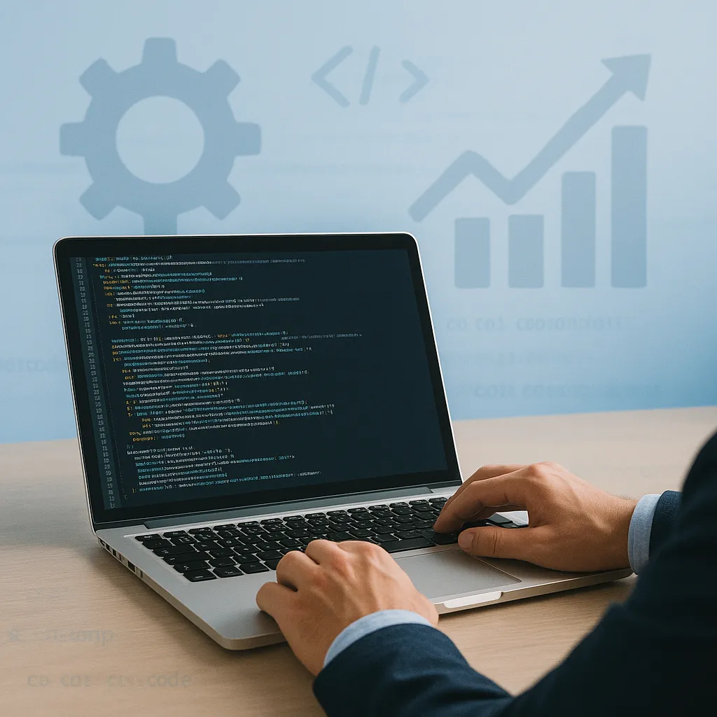 Een laptop met codes erop en harde die erop typen. op de achtergrond allemaal elementen van verbeteringen