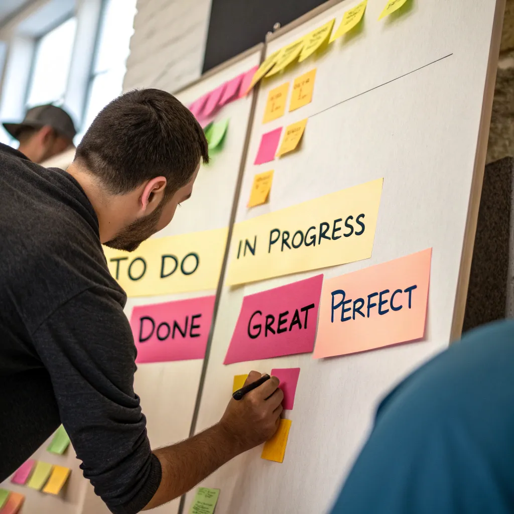 Someone is writing on some sticky notes on a board