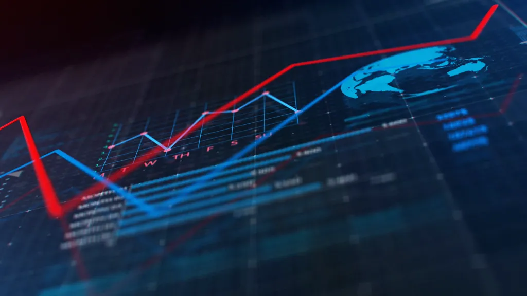 Abstract financial chart with red and blue lines on a dark digital background, featuring a globe and grid pattern.