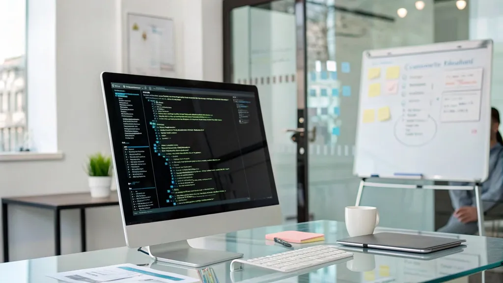 je ziet een computer scherm op een bureau met een toetsenbord en een notitieboekje. Ook zie je rechts een whiteboard