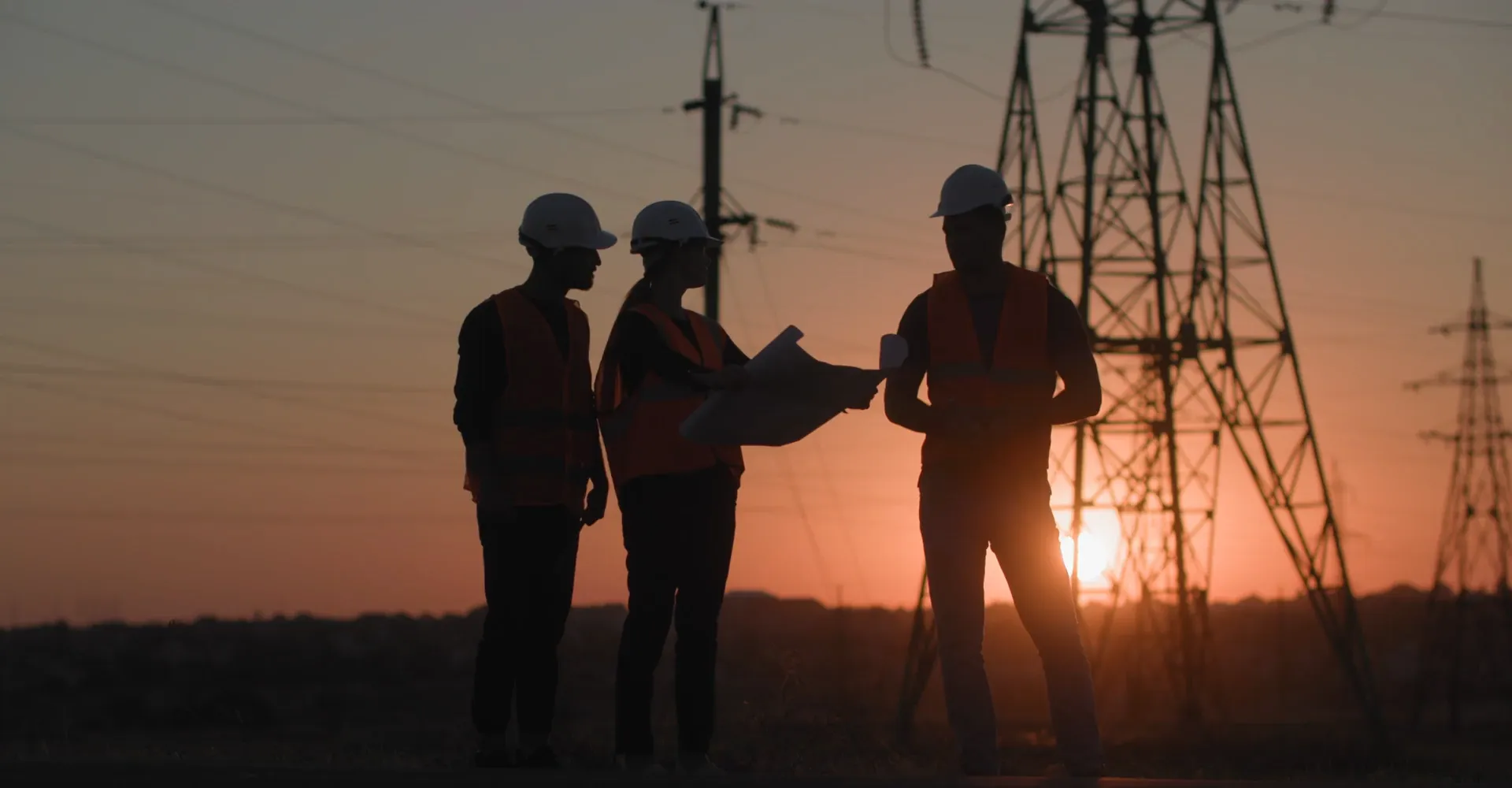 Three individuals wearing hard hats stand before a row of power lines, emphasizing safety and infrastructure work.