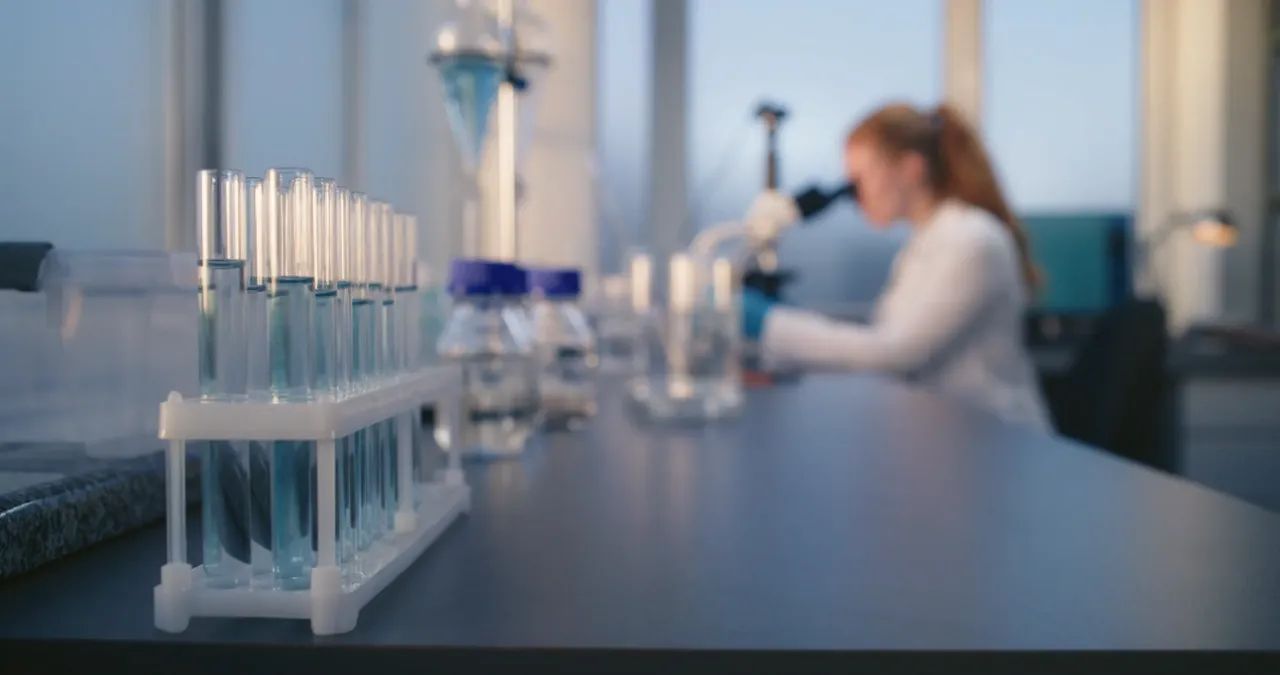 A woman in a lab coat carefully examines a test tube in a laboratory setting.