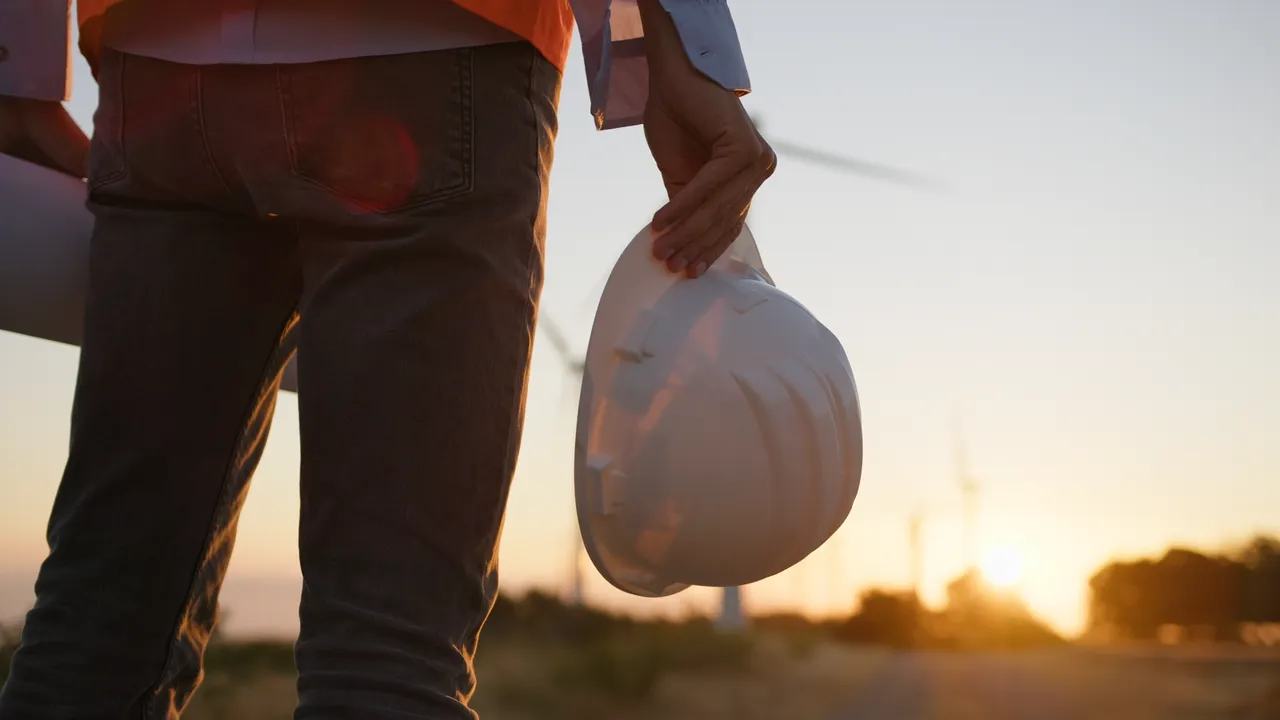 Person holding a white hard hat by their side, standing near wind turbines at sunset.