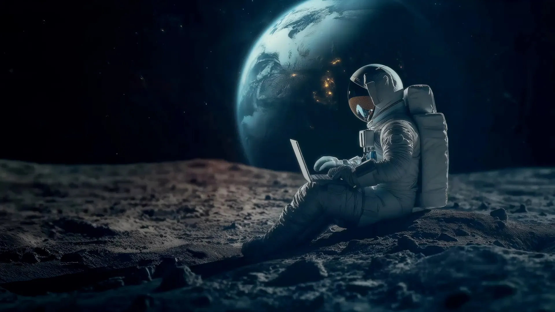 Technaut sitting on a planet working on his laptop