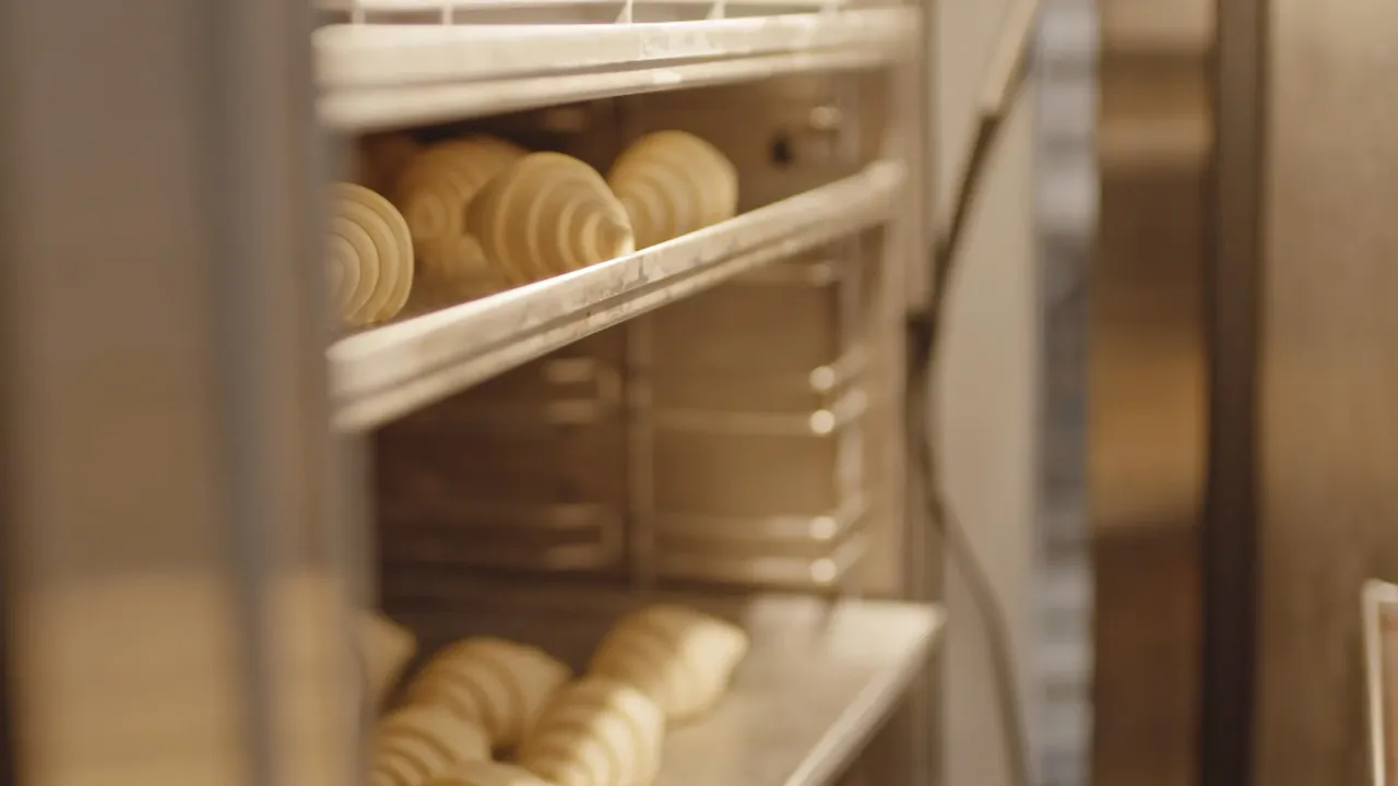 Rows of unbaked croissants on metal trays inside an oven