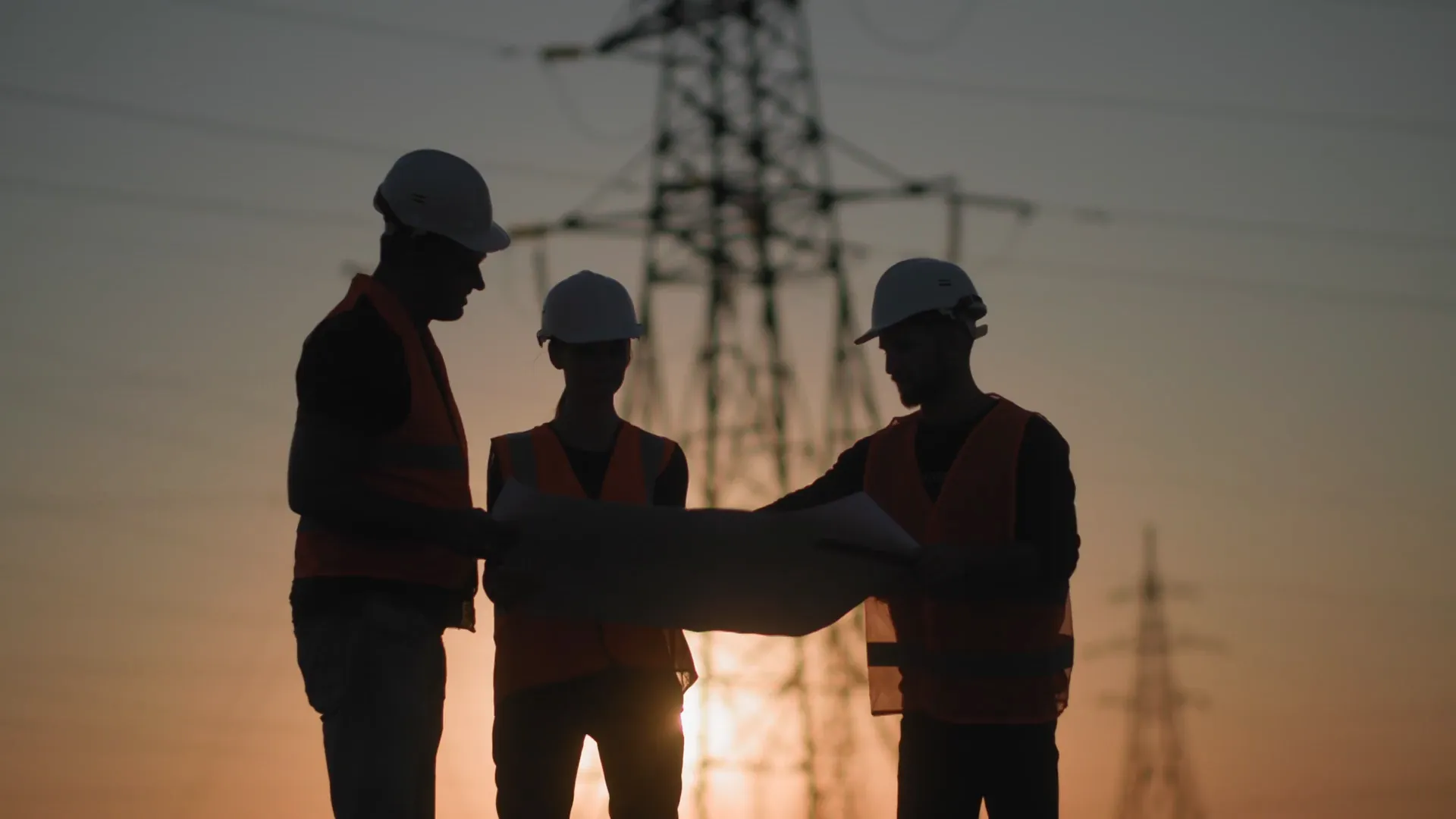 Three individuals wearing hard hats stand before a row of power lines, emphasizing safety and infrastructure work.