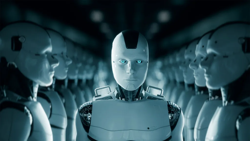 Front-facing humanoid robot with glowing blue eyes standing among rows of identical robots in bluish light.