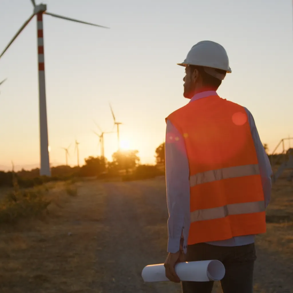 Worker in hard hat and orange vest holding rolled plans, facing wind turbines at sunset.