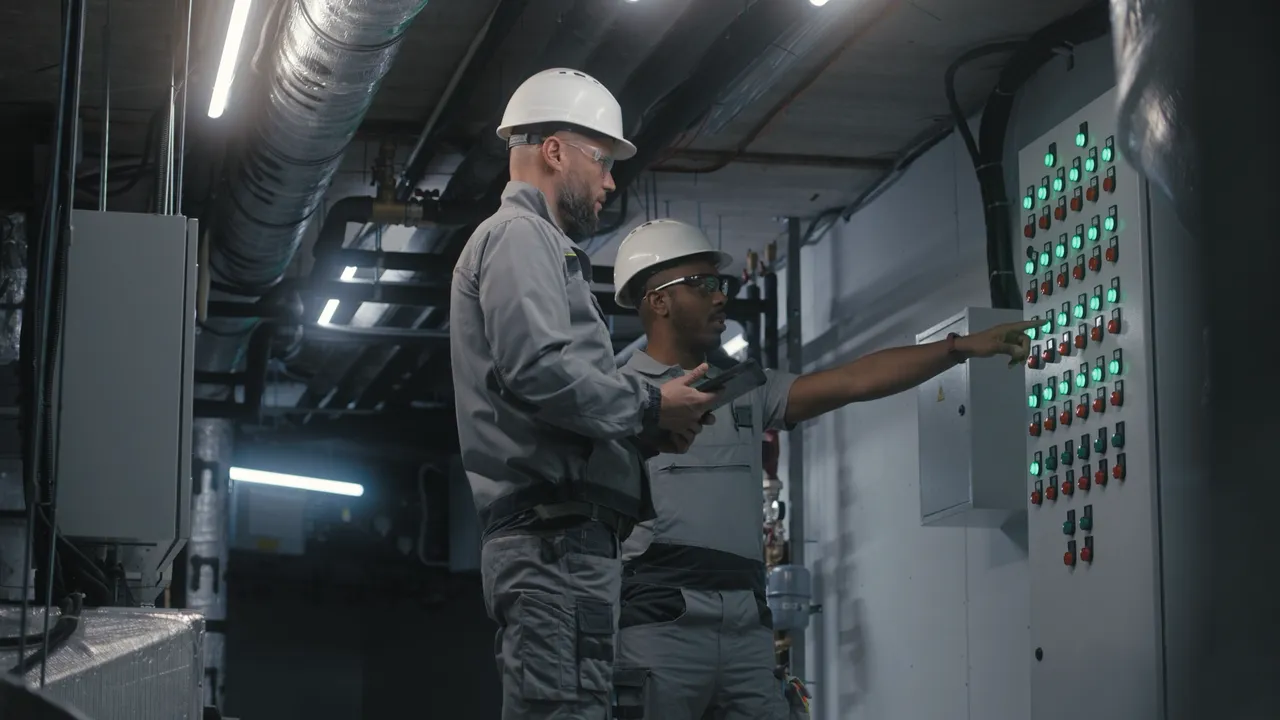 Twee technici in werkkleding en helmen bedienen en controleren een schakelpaneel in een technische ruimte.