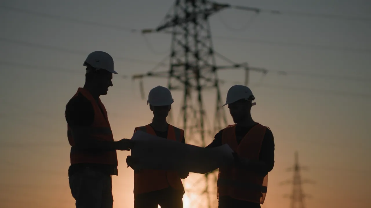 Drie engineers in veiligheidskleding bekijken bouwplannen bij een hoogspanningsmast tijdens zonsondergang.