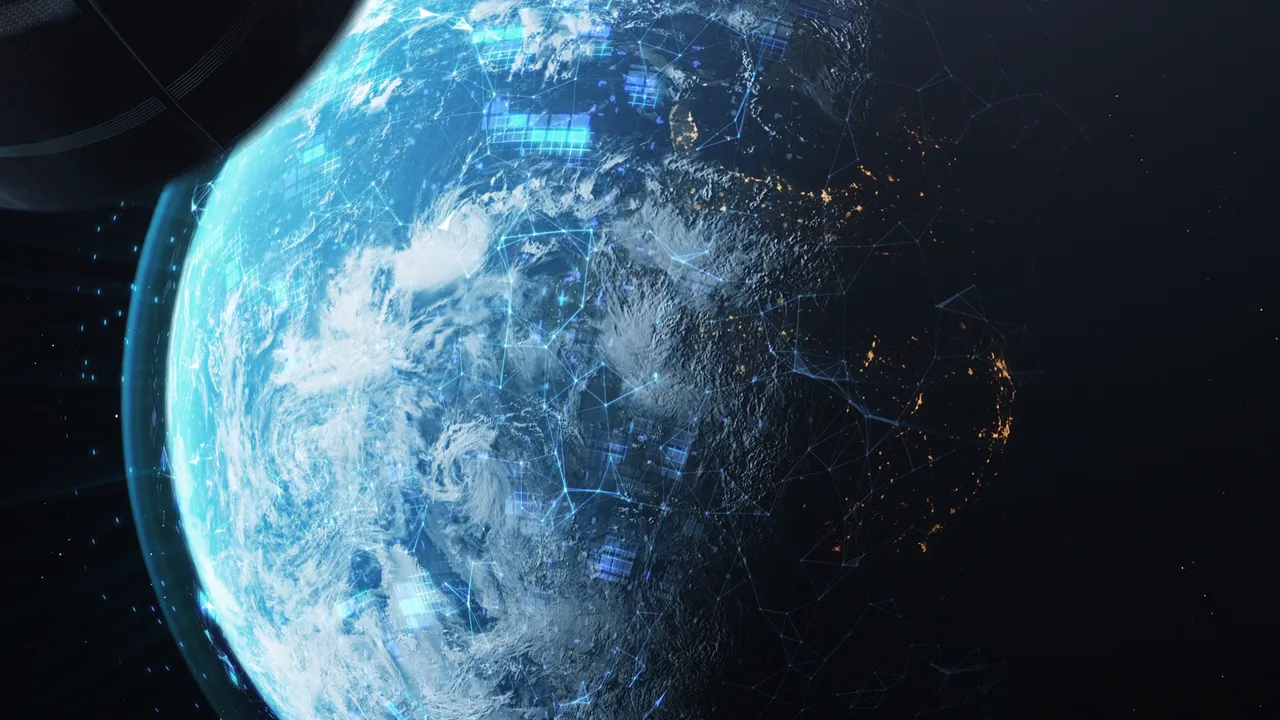A digital, futuristic Earth with glowing blue and orange lights, network lines, and a dark space backdrop.