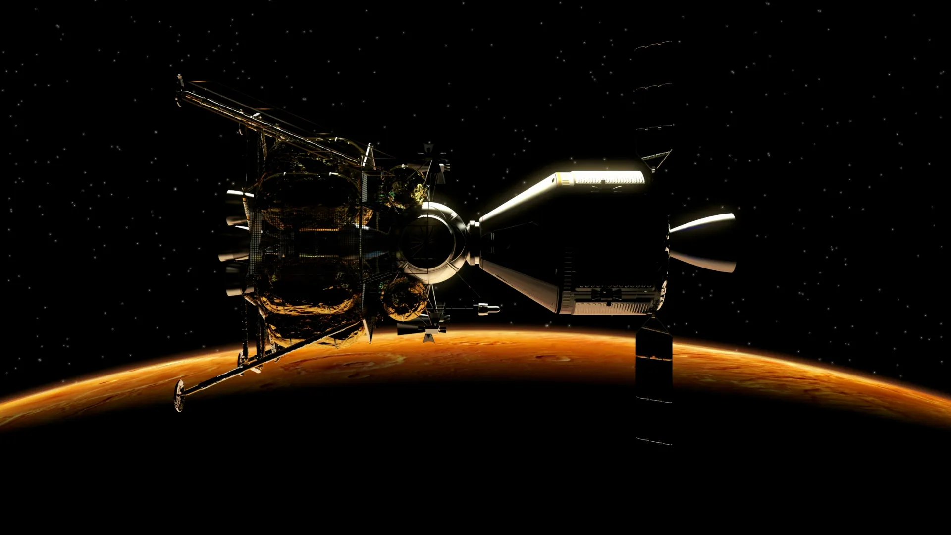 A spacecraft orbits a planet with a reddish surface, set against a backdrop of stars in space.