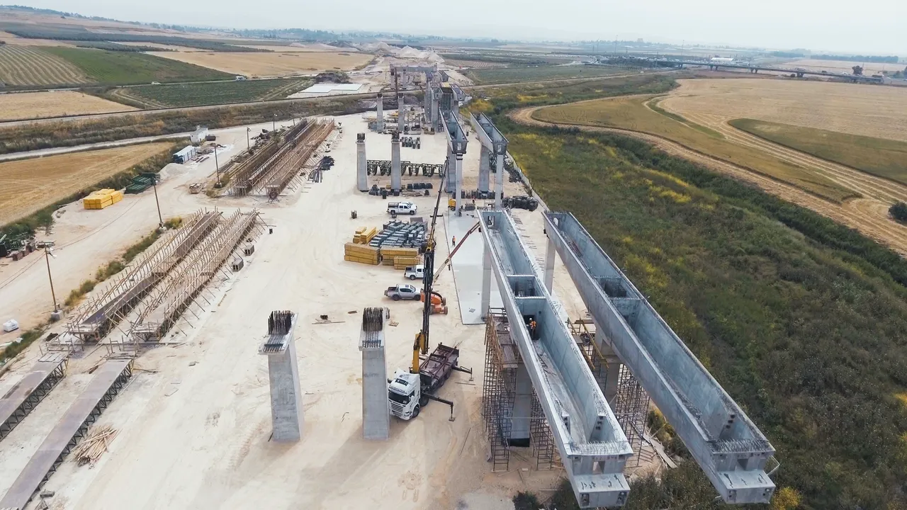 Construction on bridge on site in field aerial
