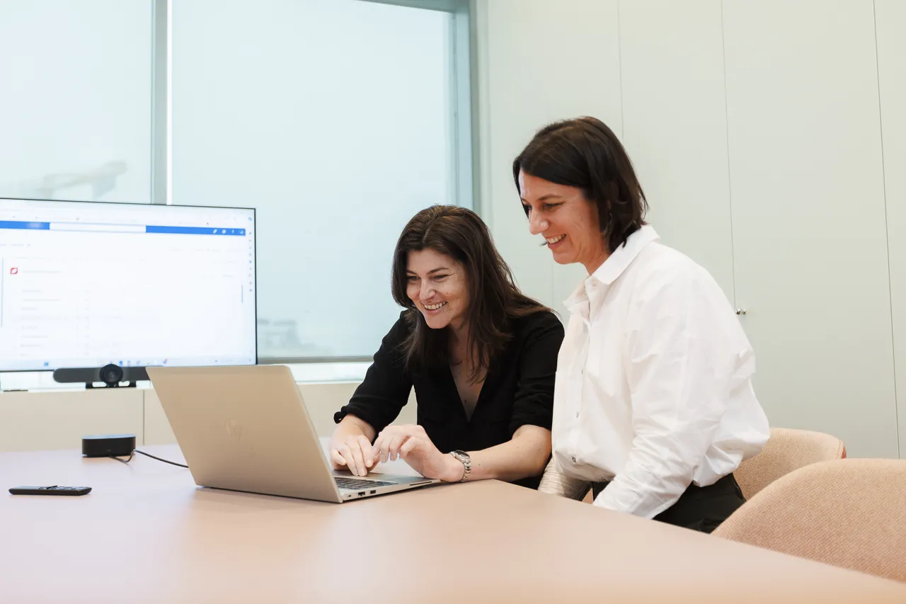 Colleagues working on laptops, smiling and focused on the screen in a meeting room.