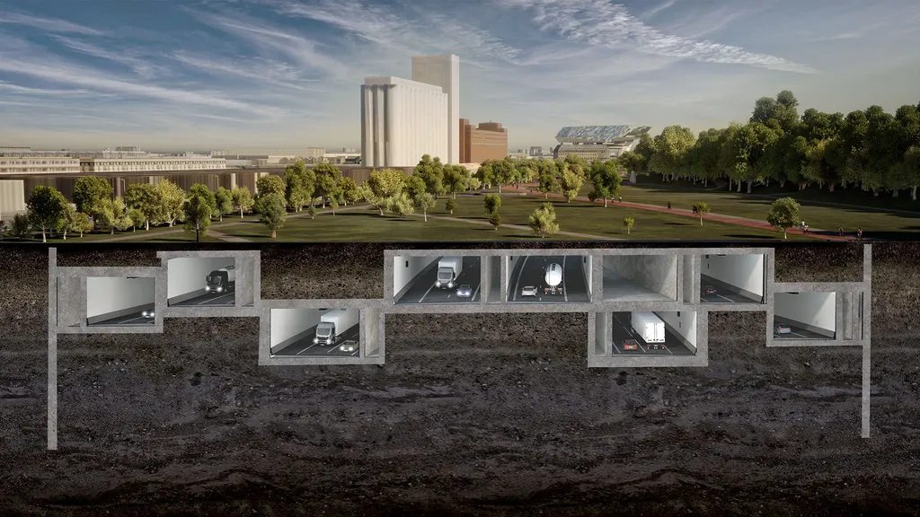 A digital cross-section rendering of an underground highway system beneath a park and urban environment. Multiple tunnel levels accommodate trucks and cars, illustrating a complex subterranean traffic solution.