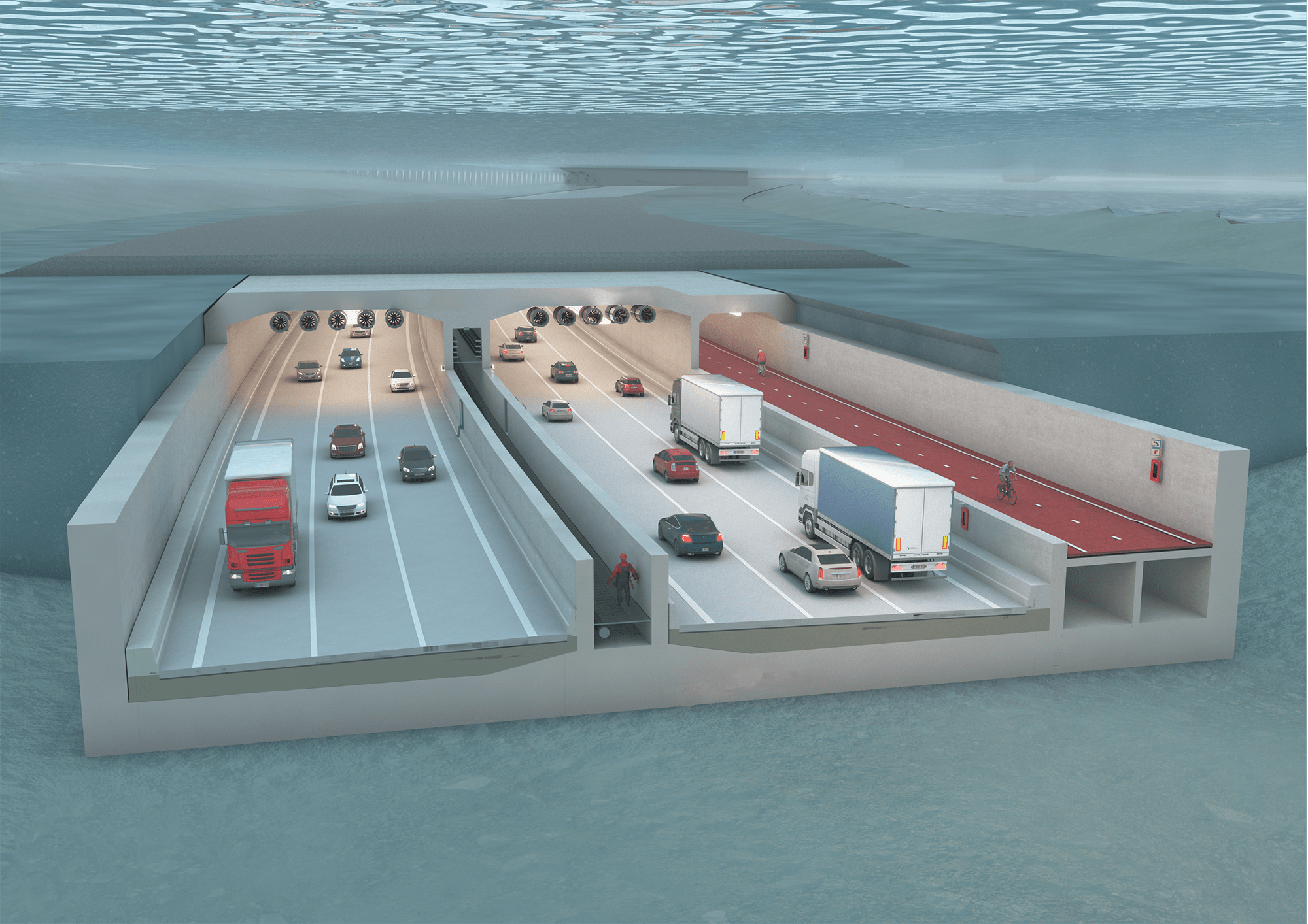 A 3D-rendered visualization of a submerged tunnel beneath a body of water, featuring multiple lanes for vehicular traffic and a separate red cycling and pedestrian path. Ventilation fans and emergency exits are visible inside the tunnel structure.